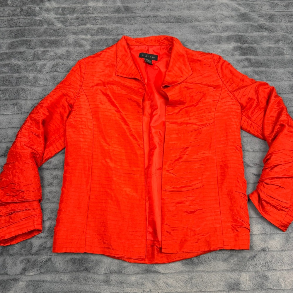 Silk Land Red Pleated Silk Open Front Blazer Jacket Womens Medium RN 88820